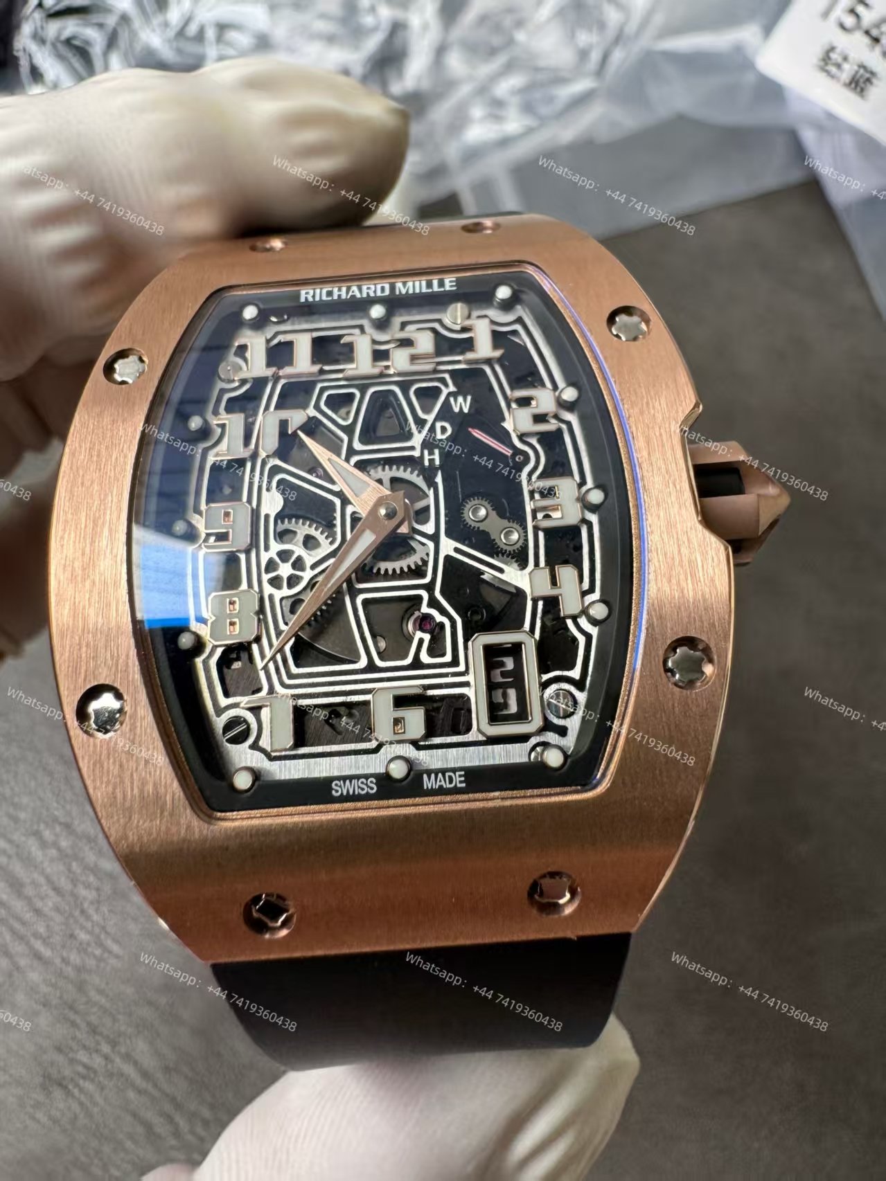 Super Clone Richard Mille RM 67-01 Rose Gold Skeleton Black Rubber Strap