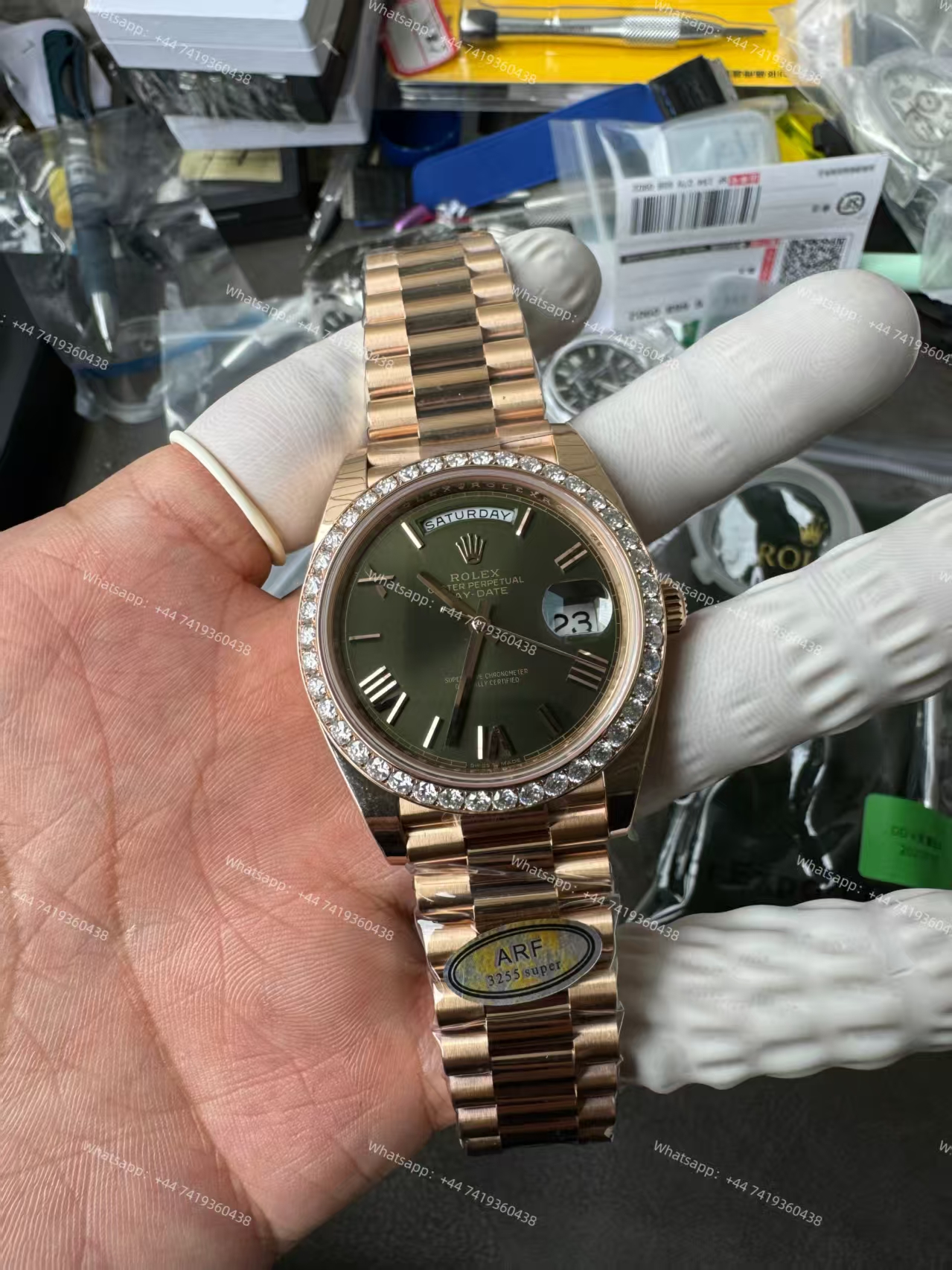 Rolex Day-Date m228345rbr-0011 Olive green dial Mossanite bezel Presidential bracelet 3255 Movement (40mm) Best Super Clone
