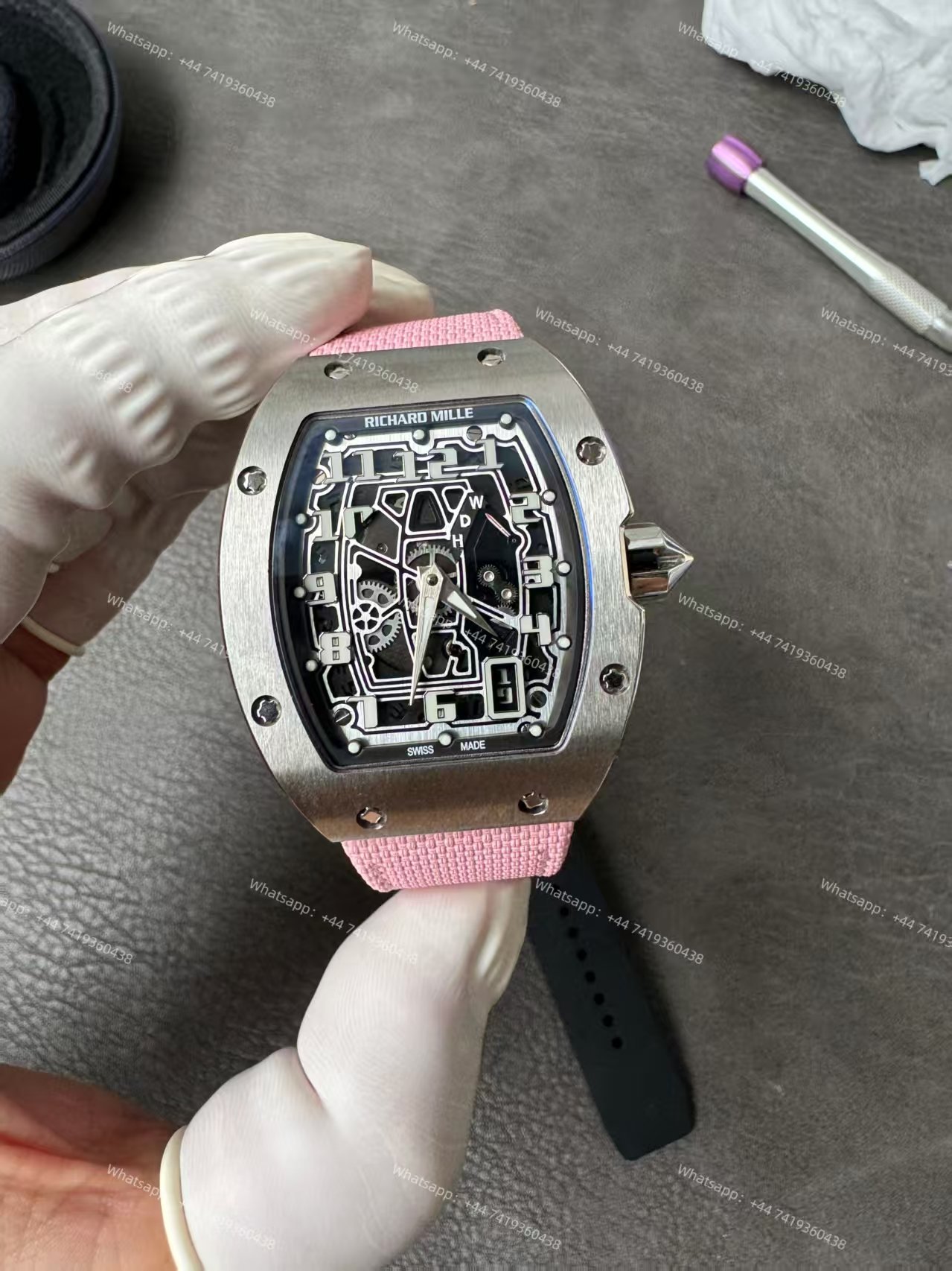 Super Clone Richard Mille RM 67-01 Titanium Skeleton Pink Velcro Strap