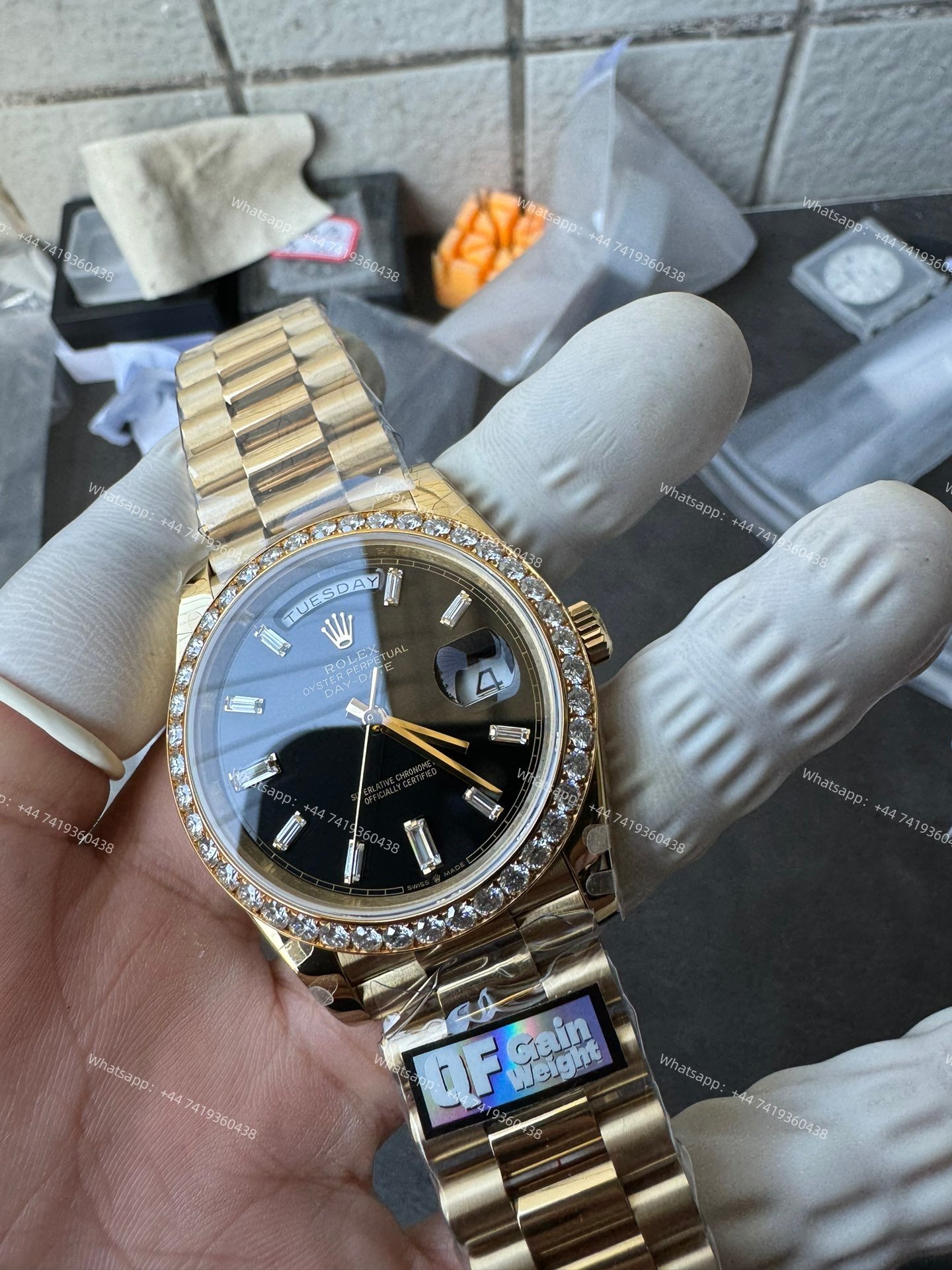 Rolex Day-Date M228348RBR-0001 1:1 Replica Moissanite Diamond Bezel Black Dial 40MM 3255 Movement Super Clone Watch