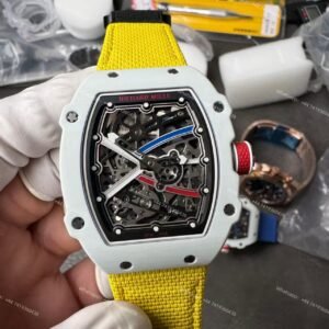 Super Clone Richard Mille RM67-02 White Ceramic Skeleton Tourbillon 1:1 Replica Watch with Yellow Strap