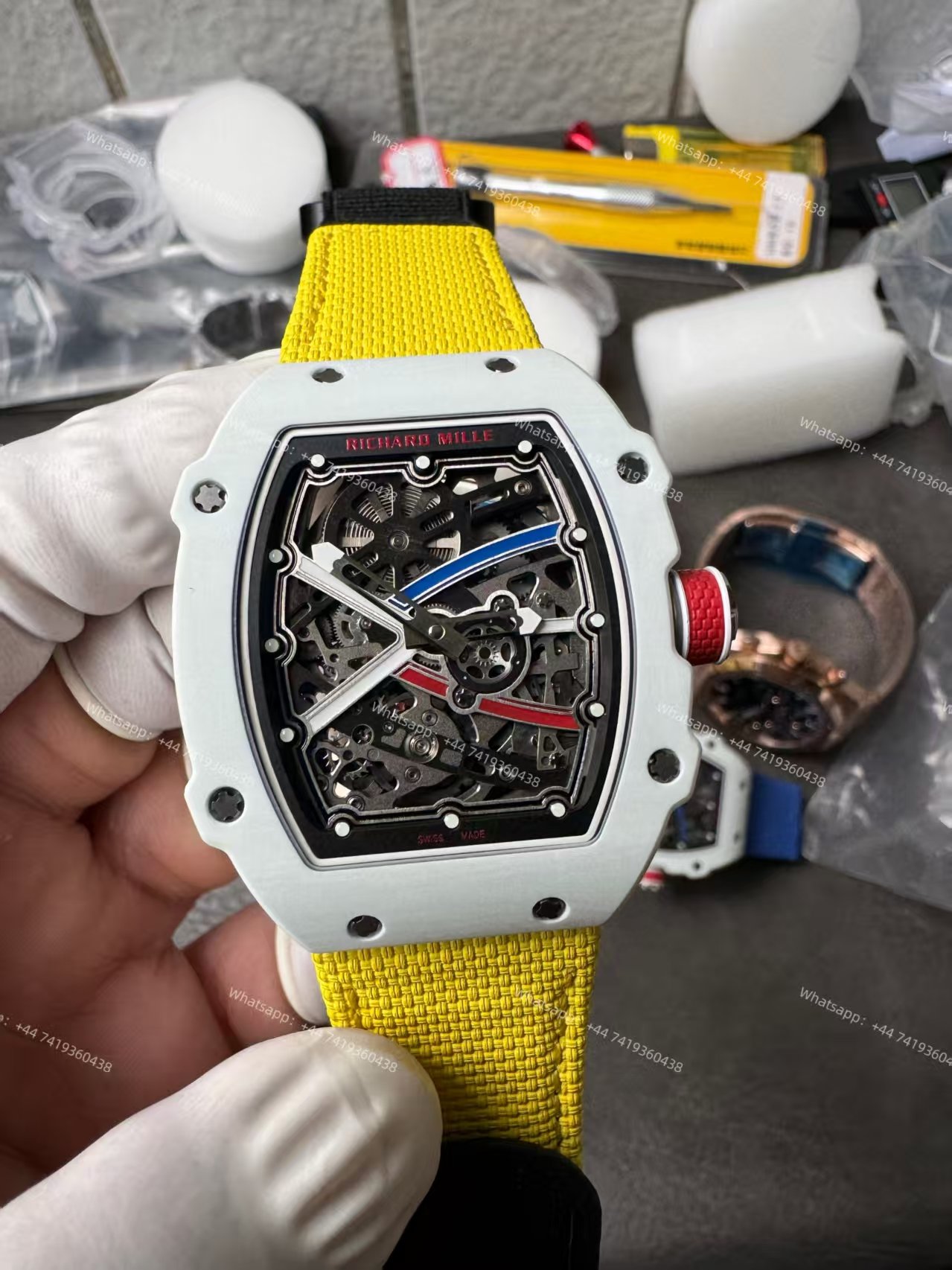 Super Clone Richard Mille RM67-02 White Ceramic Skeleton Tourbillon 1:1 Replica Watch with Yellow Strap