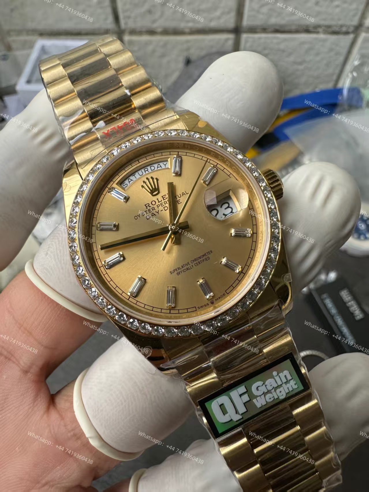 Rolex Day-Date M228348rbr-0002 Gold dial Mossanite bezel Presidential bracelet 3255 Movement (40mm) Best Super Clone