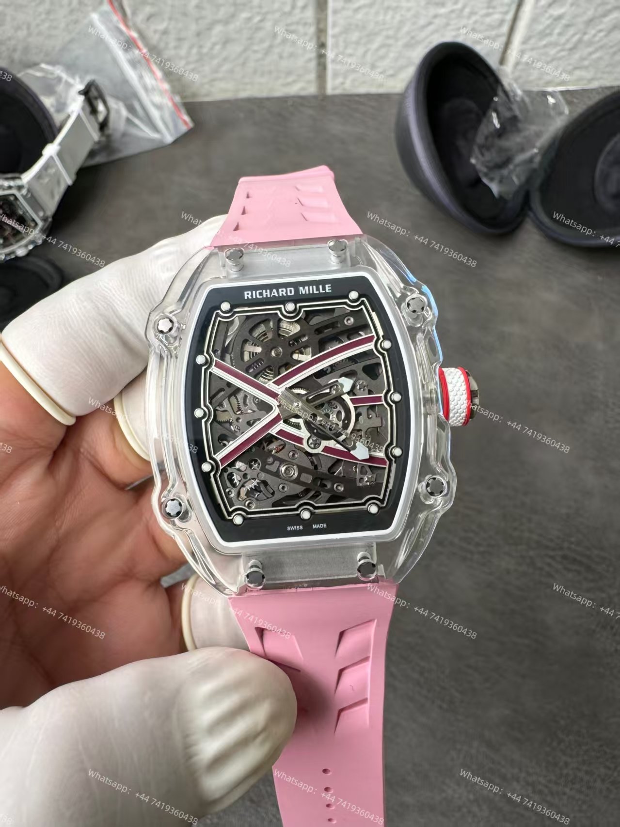 Super Clone Richard Mille RM67-02 Sapphire Crystal Skeleton Tourbillon 1:1 Replica Watch with Pink Rubber Strap