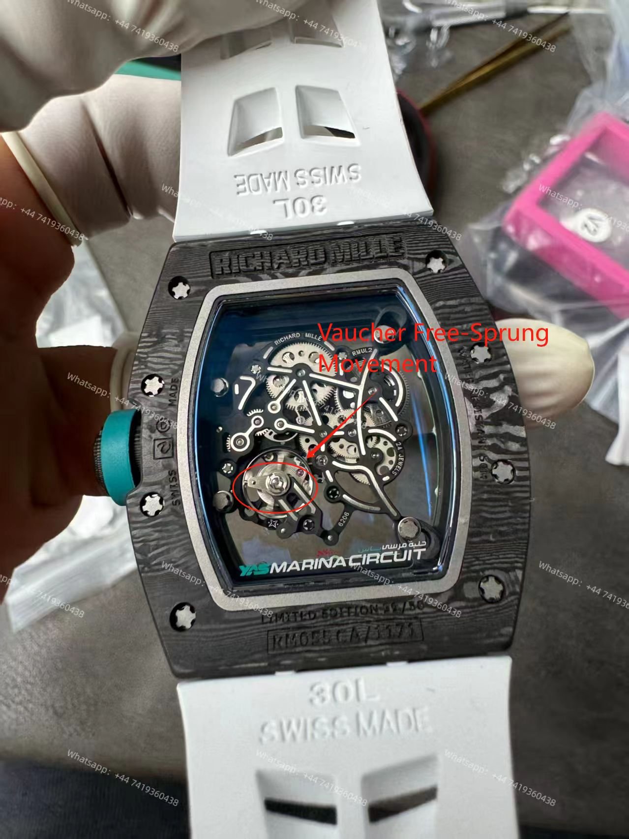 Richard Mille RM 055 “Yas Marina Circuit” Carbon TPT Vaucher Free-Sprung White Rubber Strap Custom Super Clone