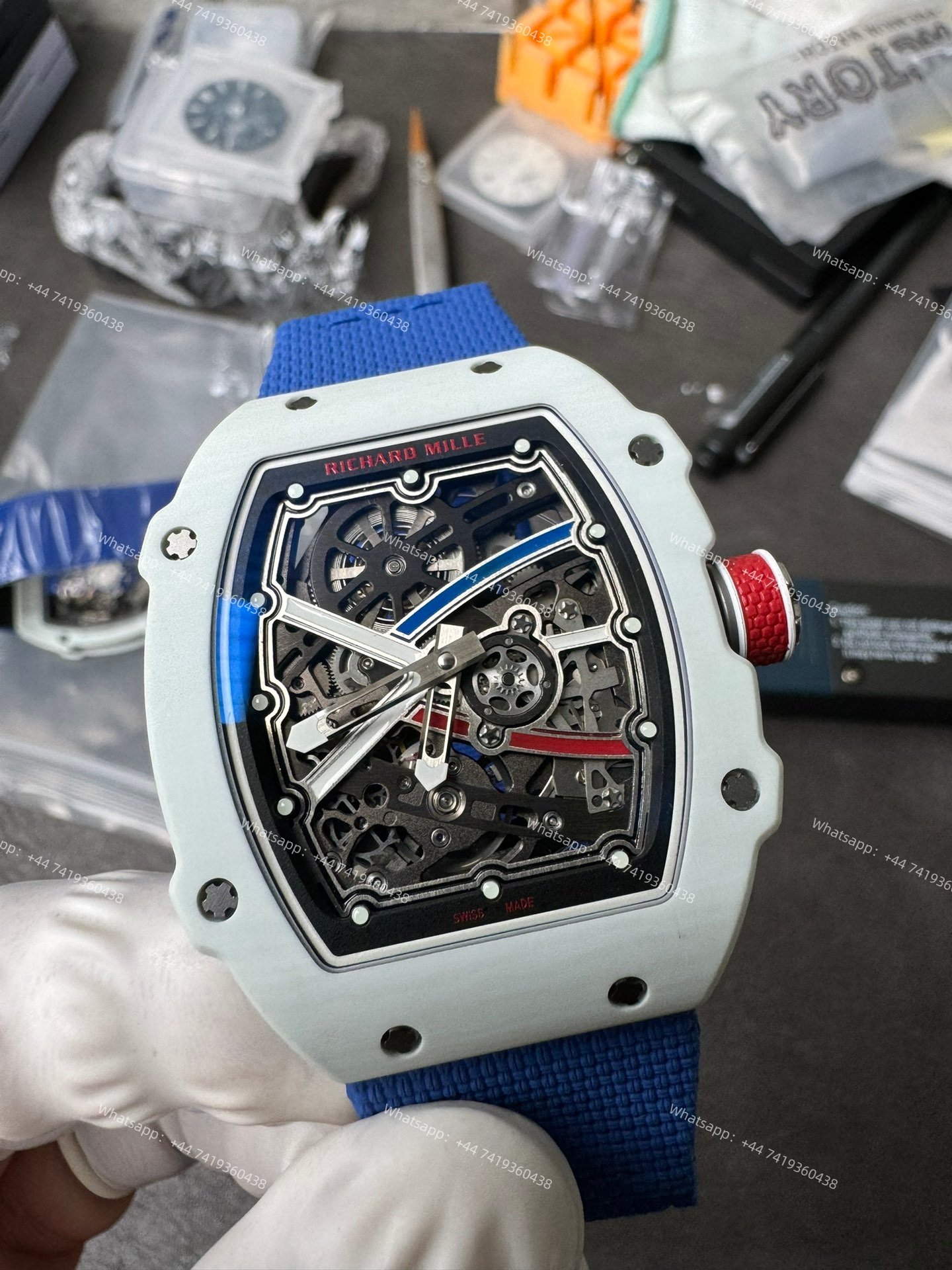 Super Clone Richard Mille RM67-02 White Ceramic Skeleton Tourbillon 1:1 Replica Watch with Blue Strap