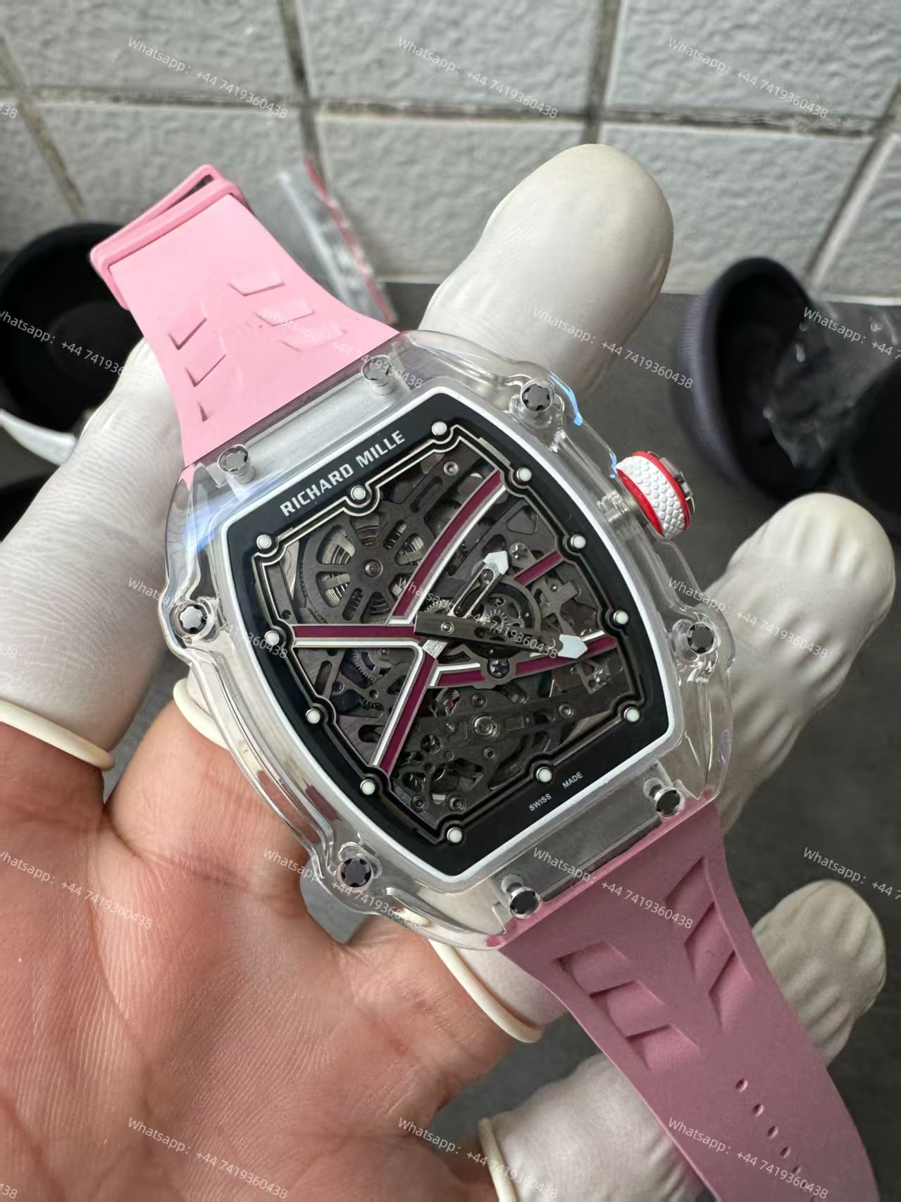 Super Clone Richard Mille RM67-02 Sapphire Crystal Skeleton Tourbillon 1:1 Replica Watch with Pink Rubber Strap