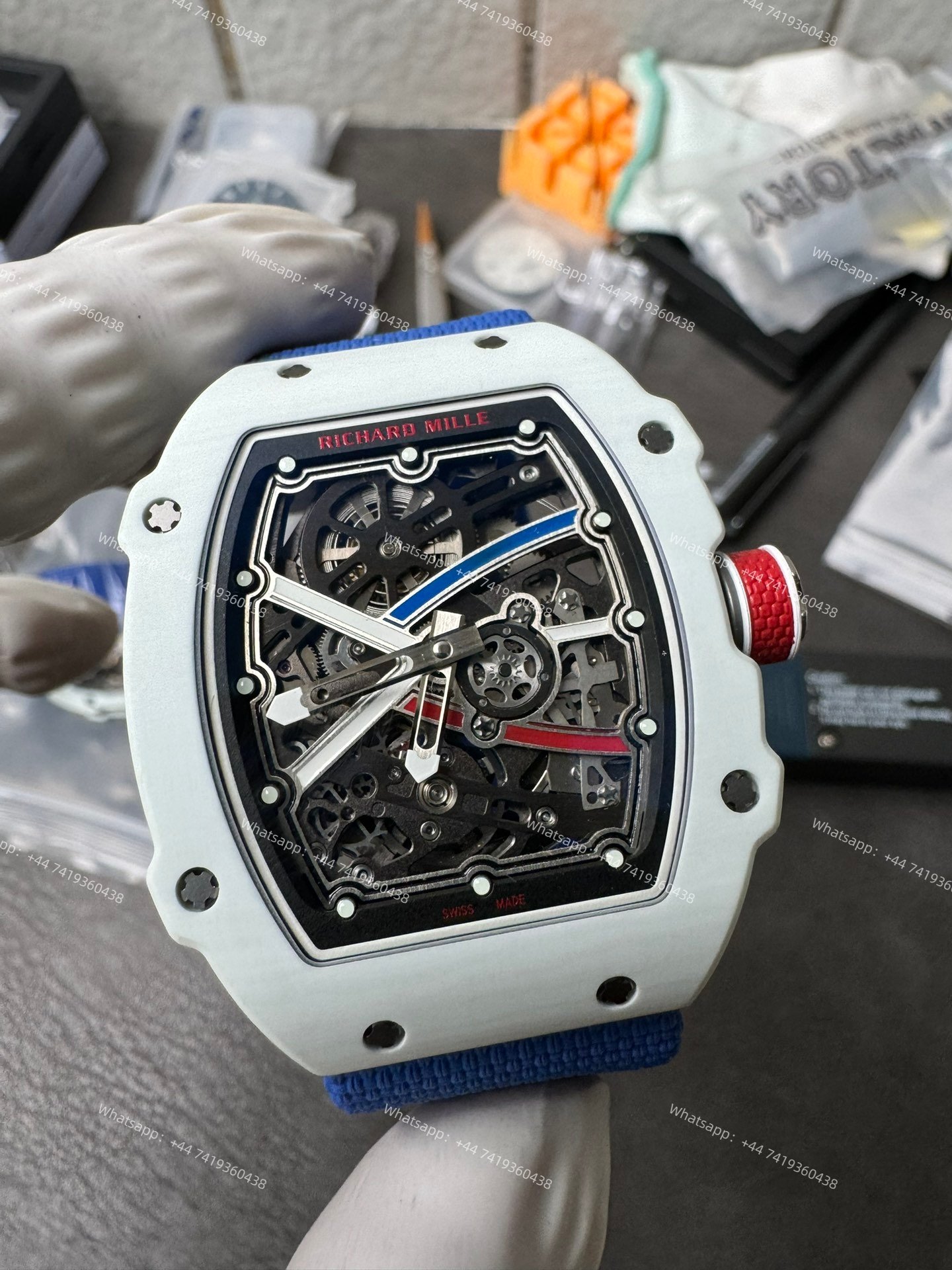 Super Clone Richard Mille RM67-02 White Ceramic Skeleton Tourbillon 1:1 Replica Watch with Blue Strap