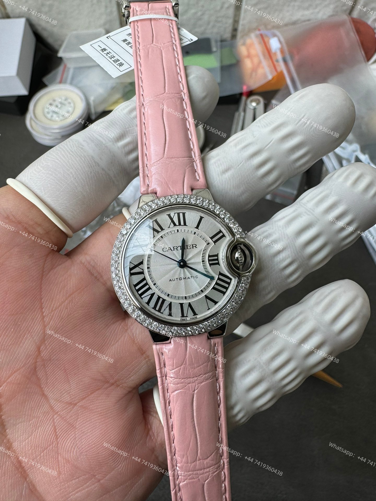 Cartier Super Clone Ballon Bleu Diamond Bezel 33MM Pink Leather Strap