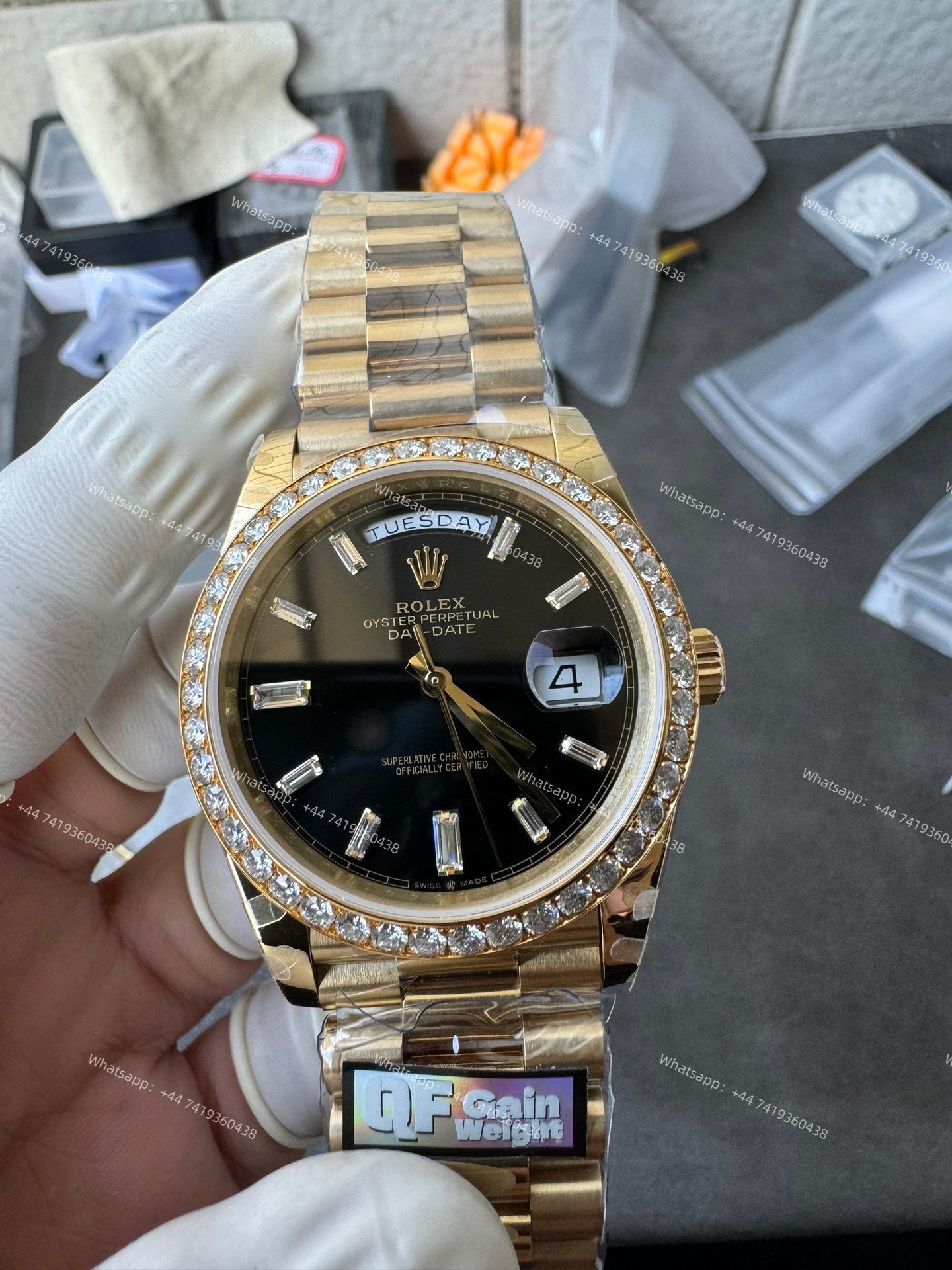 Rolex Day-Date M228348RBR-0001 1:1 Replica Moissanite Diamond Bezel Black Dial 40MM 3255 Movement Super Clone Watch