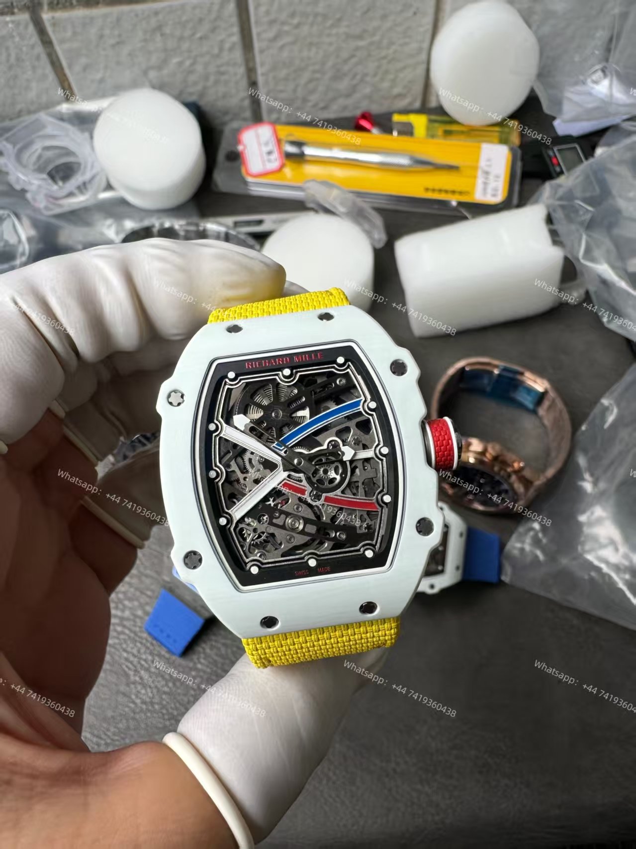 Super Clone Richard Mille RM67-02 White Ceramic Skeleton Tourbillon 1:1 Replica Watch with Yellow Strap