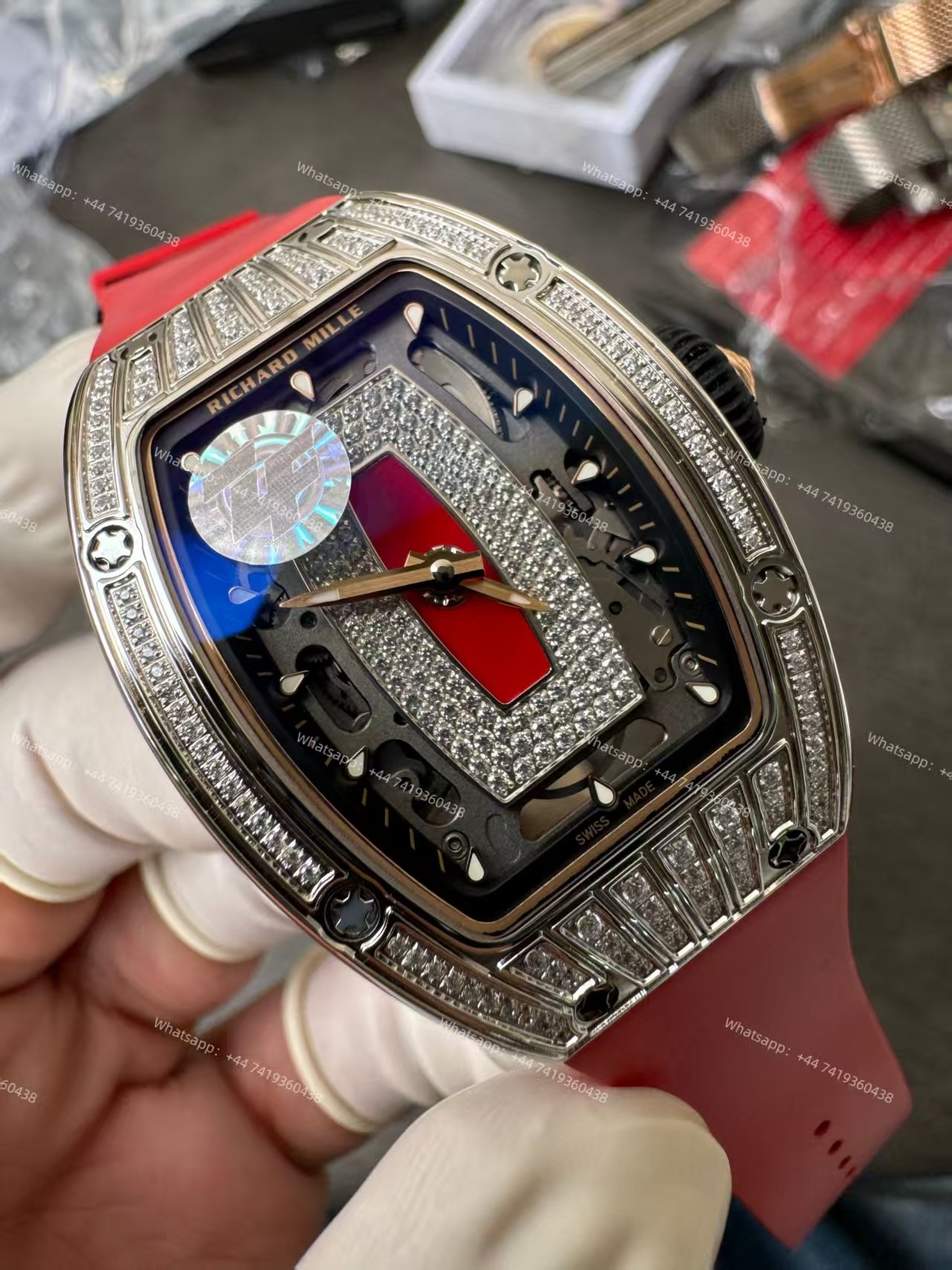 Super Clone Richard Mille RM 07 Full Diamond 1:1 Replica Watch with Red Rubber Strap