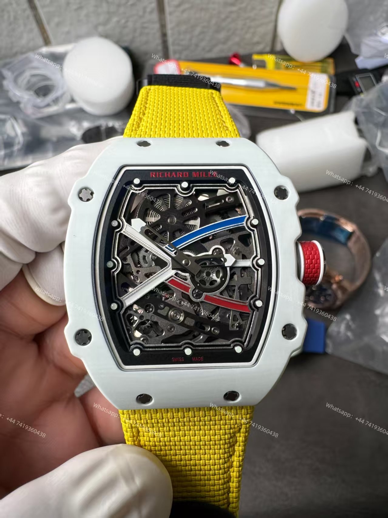 Super Clone Richard Mille RM67-02 White Ceramic Skeleton Tourbillon 1:1 Replica Watch with Yellow Strap