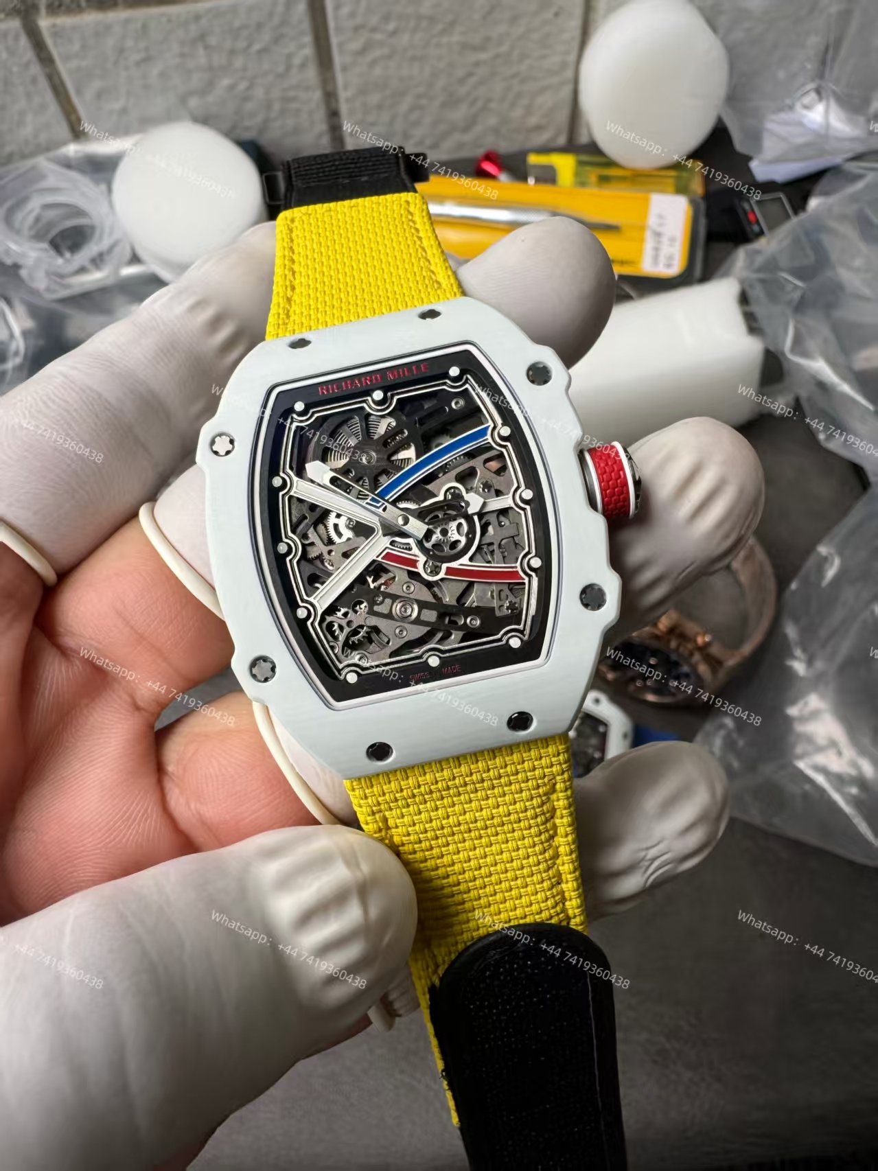 Super Clone Richard Mille RM67-02 White Ceramic Skeleton Tourbillon 1:1 Replica Watch with Yellow Strap