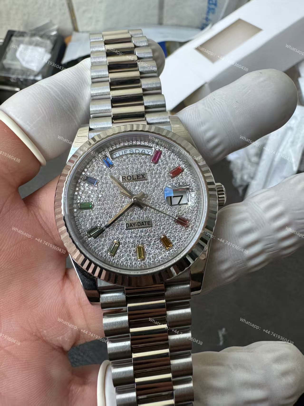 Rolex Day-Date m128239-0019 Moissanite Rainbow Diamond Dial Presidential bracelet 3255 Movement (36mm) Best Super Clone