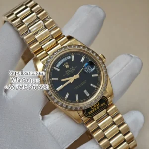 Rolex Super Clone Watches Day Date 40 m228348rbr-0043 Yellow Gold Black Baguette Diamond Dial Diamond Bezel